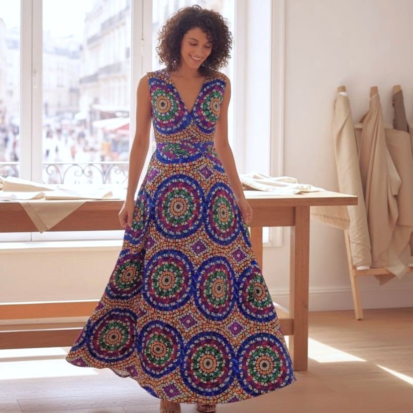 Maxi dress made from African wax print cotton fabric, featuring bold circular medallion pattern in cobalt blue, green, orange and purple