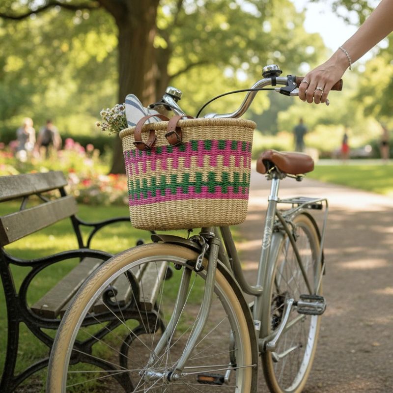 Woven Bolga bicycle basket in pink and green elephant grass, fitted to handlebars for a ride, Bolgatanga Ghana