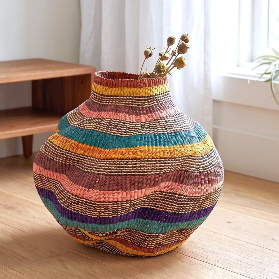 Bolga Wave Pot Basket in teal, purple, rust and yellow woven bands, styled on a timber floor with dried flowers.