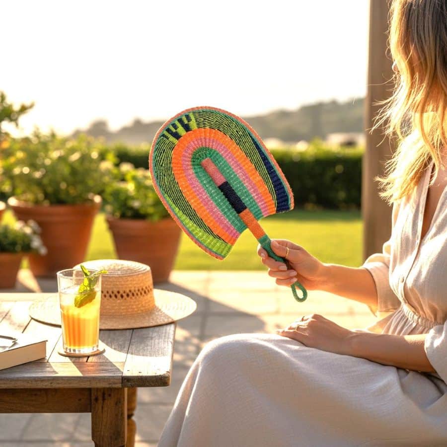 Handwoven Bolga fan with colourful woven pattern, held outdoors beside a table