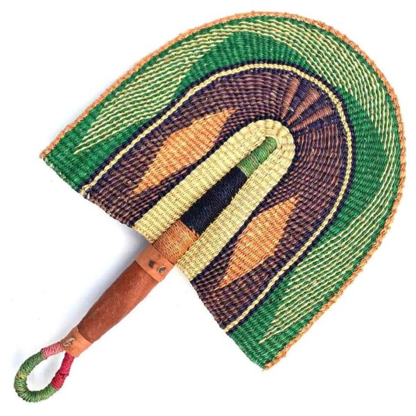 bashiri-fan-s1-262-fanny-bolga-hand-fan-woven-3 Full view of the green and purple woven Bolga fan on a white background