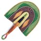 Full view of the green and purple woven Bolga fan on a white background