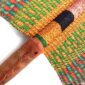 Close-up of the weave and leather handle on the orange and green Bolga fan