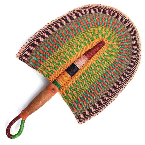 bashiri-fan-s1-263-swipe-african-hand-fan-leather-3 Full view of the orange and green woven Bolga fan on a white background
