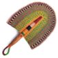Full view of the orange and green woven Bolga fan on a white background