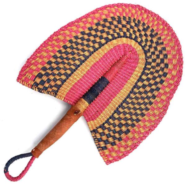 bashiri-fan-s1-264-windy-woven-fan-handmade-3 Full view of the pink and black woven Bolga fan on a white background