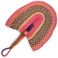 Full view of the pink and black woven Bolga fan on a white background