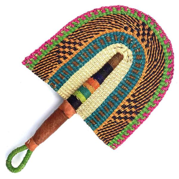 bashiri-fan-s1-265-breezy-bolga-fan-elephant-grass-3 Full view of the teal and pink woven Bolga fan on a white background