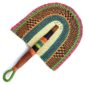 Full view of the teal and pink woven Bolga fan on a white background