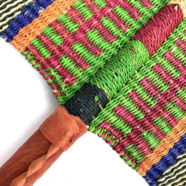 bashiri-fan-s1-266-miller-bolga-hand-fan-woven-2 Close-up of the weave and leather handle on the blue, green and black Bolga fan