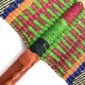 Close-up of the weave and leather handle on the blue, green and black Bolga fan