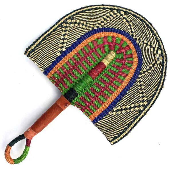bashiri-fan-s1-266-miller-bolga-hand-fan-woven-3 Full view of the blue, green and black woven Bolga fan on a white background
