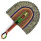 Full view of the blue, green and black woven Bolga fan on a white background