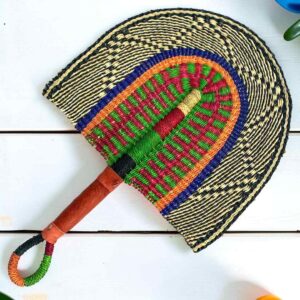 Woven Bolga hand fan in blue, green and black with a leather-wrapped handle