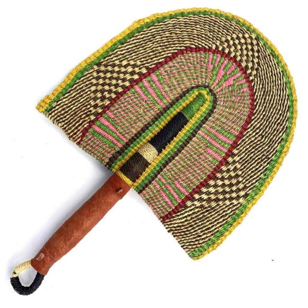 bashiri-fan-s1-267-sanfran-african-hand-fan-leather-3 Full view of the natural and yellow woven Bolga fan on a white background