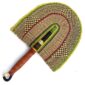Full view of the natural and yellow woven Bolga fan on a white background