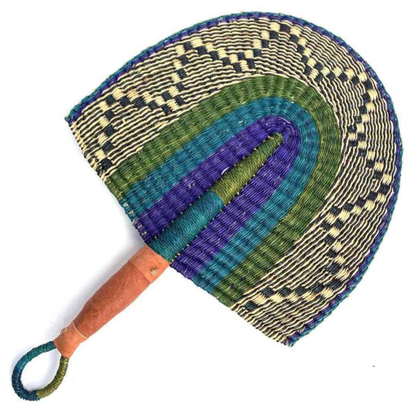 bashiri-fan-s1-268-fancy-woven-fan-handmade-3 Full view of the blue and purple woven Bolga fan on a white background