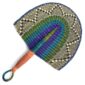 Full view of the blue and purple woven Bolga fan on a white background
