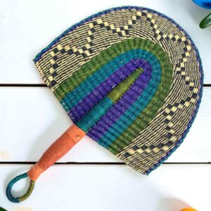 Woven Bolga hand fan in blue and purple with a leather-wrapped handle