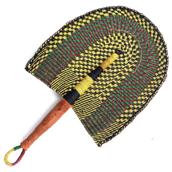bashiri-fan-s1-269-fantastic-bolga-fan-elephant-grass-3 Full view of the yellow and black woven Bolga fan on a white background