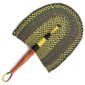 Full view of the yellow and black woven Bolga fan on a white background