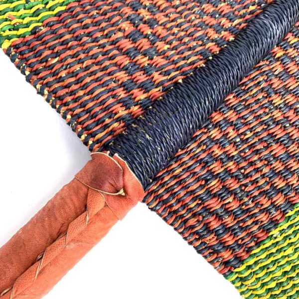 bashiri-fan-s1-270-windmaker-bolga-hand-fan-woven-2 Close-up of the weave and leather handle on the lime and brown Bolga fan