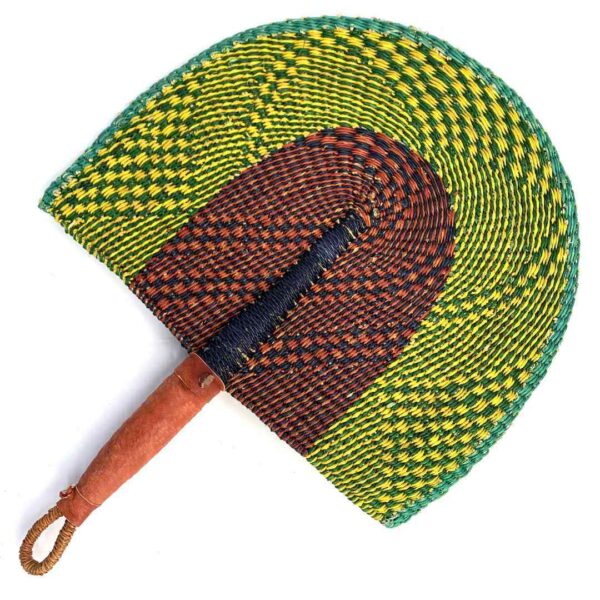 bashiri-fan-s1-270-windmaker-bolga-hand-fan-woven-3 Full view of the lime and brown woven Bolga fan on a white background