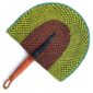 Full view of the lime and brown woven Bolga fan on a white background