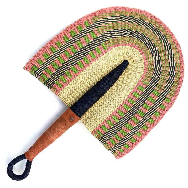 bashiri-fan-s1-271-tornado-african-hand-fan-leather-3 Full view of the pink and natural woven Bolga fan on a white background