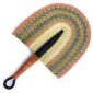 Full view of the pink and natural woven Bolga fan on a white background
