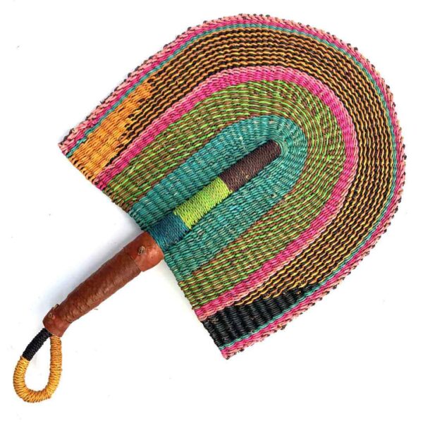 bashiri-fan-s1-272-vent-woven-fan-handmade-3 Full view of the pink, olive and teal woven Bolga fan on a white background