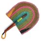 Full view of the pink, olive and teal woven Bolga fan on a white background