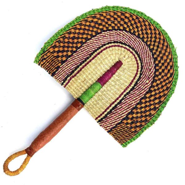 bashiri-fan-s1-273-swish-bolga-fan-elephant-grass-3 Full view of the orange and pink woven Bolga fan on a white background