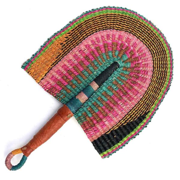 bashiri-fan-s1-274-gust-bolga-hand-fan-woven-3 Full view of the pink, teal and orange woven Bolga fan on a white background