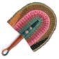 Full view of the pink, teal and orange woven Bolga fan on a white background