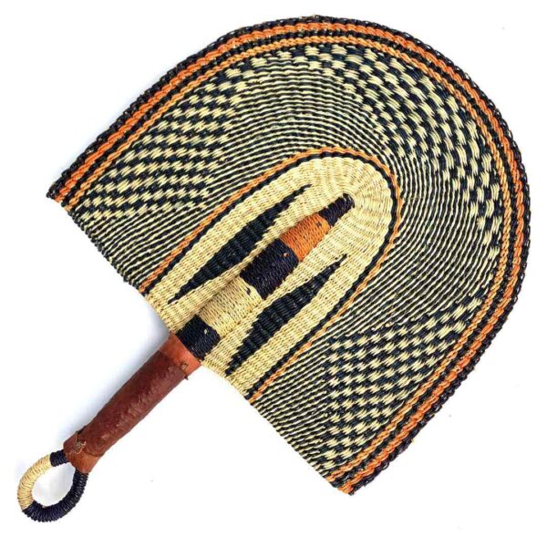 bashiri-fan-s1-275-blowy-african-hand-fan-leather-3 Full view of the black and natural woven Bolga fan on a white background