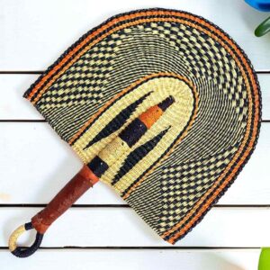 Woven Bolga hand fan in black and natural with a leather-wrapped handle