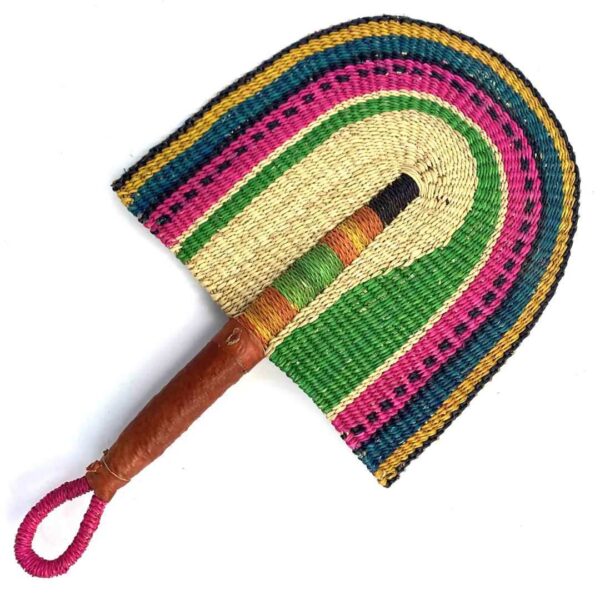 bashiri-fan-s1-276-slipstream-woven-fan-handmade-3 Full view of the green and pink woven Bolga fan on a white background