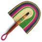 Full view of the green and pink woven Bolga fan on a white background