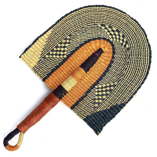 bashiri-fan-s1-277-atmosphere-bolga-fan-elephant-grass-3 Full view of the orange and black woven Bolga fan on a white background