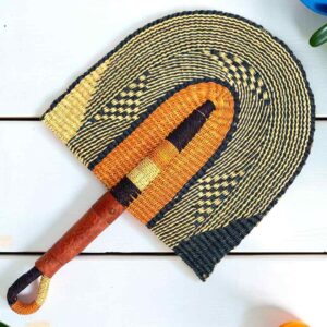Woven Bolga hand fan in orange and black with a leather-wrapped handle