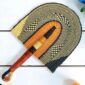 Woven Bolga hand fan in orange and black with a leather-wrapped handle