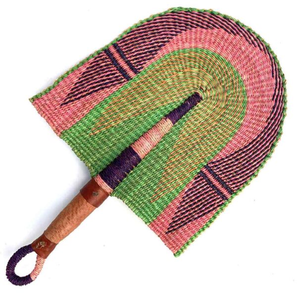 bashiri-fan-s1-278-airbourne-bolga-hand-fan-woven-3 Full view of the pink and green woven Bolga fan on a white background