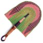 Full view of the pink and green woven Bolga fan on a white background