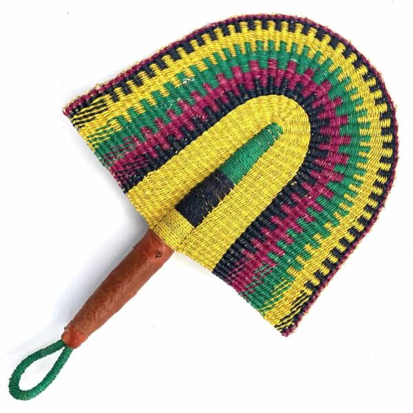 bashiri-fan-s1-279-jordan-african-hand-fan-leather-3 Full view of the yellow and green woven Bolga fan on a white background