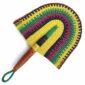 Full view of the yellow and green woven Bolga fan on a white background