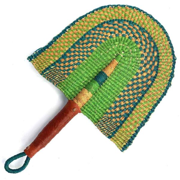 bashiri-fan-s1-280-flight-woven-fan-handmade-3 Full view of the green and teal woven Bolga fan on a white background