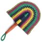 Full view of the navy and yellow woven Bolga fan on a white background