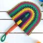 Woven Bolga hand fan in navy and yellow with a leather-wrapped handle