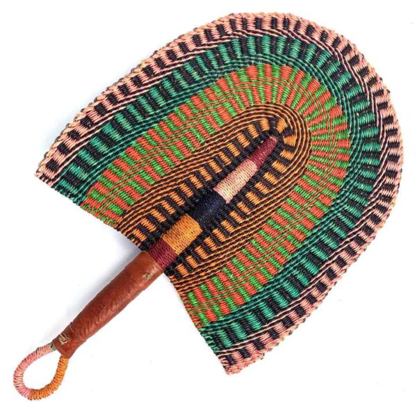 bashiri-fan-s1-282-takeoff-bolga-hand-fan-woven-3 Full view of the green and orange woven Bolga fan on a white background